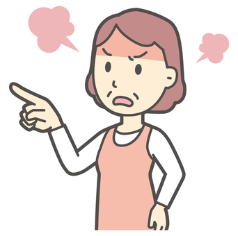  指をさして責め立てているおばさん 指さす,女性,人,主婦,中年,シニア,エプロン,ママ,お母さん,おかんのイラスト素材