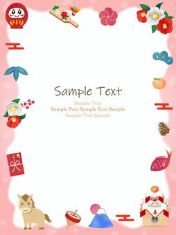 お正月の背景、フレーム05 お正月,水彩,フレーム,背景,正月,椿,馬,手描き,飾り枠,枠のイラスト素材