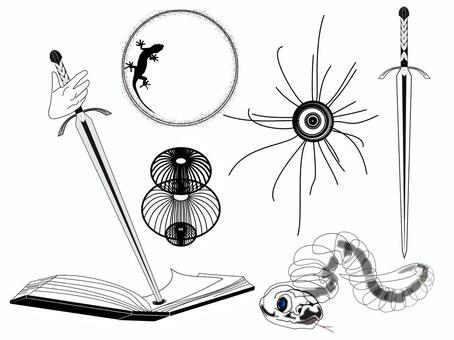 tatooデザイン３ tatoo,刺青,おしゃれ,デザイン,パーツ,へび,剣,つるぎ,太陽,ヤモリのイラスト素材