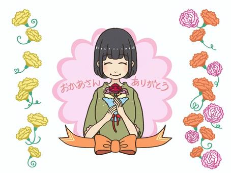 カーネーションを手に微笑む母親 母の日,母親,花,花飾り,リボン,カーネーション,おかあさん,ありがとう,笑顔,贈り物のイラスト素材