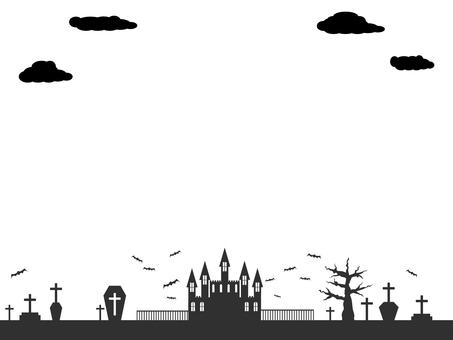 ハロウィンの怪しい館の背景素材　2 ハロウィン,秋,フレーム,10月,ハロウィーン,城,手描き,コウモリ,雲,シンプルのイラスト素材
