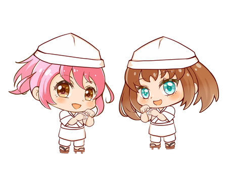 ふたりの女の子 お寿司屋さん 寿司屋,女の子,二人組,ピンク髪,立ち絵,萌え系,ちびキャラ,かわいい系のイラスト素材