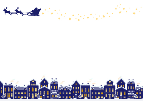 空飛ぶサンタと雪深い夜の街並みフレーム クリスマス,夜,街並み,街,家,建物,雪,冬,サンタ,トナカイのイラスト素材