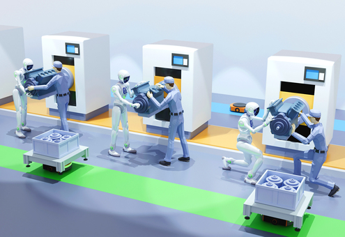 協働ロボットのCGイメージイラスト 協働,ロボット,産業,自動化,業務効率化,ai,人工知能,オートメーション,精密,組立作業のイラスト素材