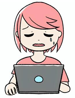 桃色の女の子　正面でパソコン　泣き顔 ピンク,かわいい,手描き,泣き顔,女の子,女性,若い女性,ピンク髪,ゆるいイラスト,デフォルメのイラスト素材