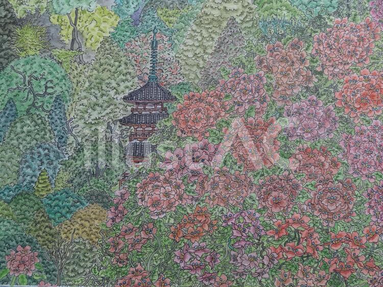 花の寺　三室戸寺 お花,花,建物のイラスト素材