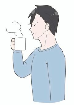 コーヒーを飲む男性の白黒イラスト お茶,ホット,コーヒー,飲む,男性,リラックス,休憩,長袖,冬,部屋着のイラスト素材