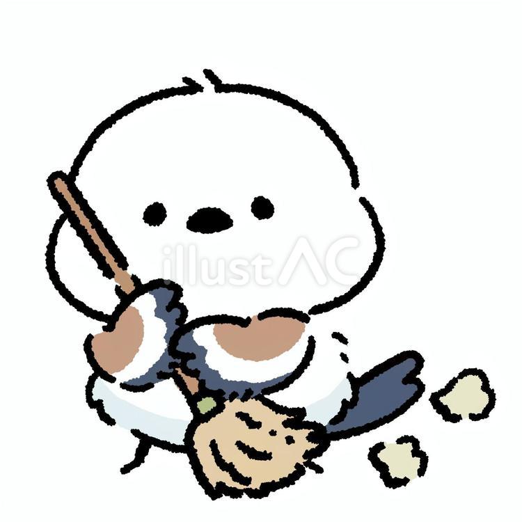 シマエナガ_ほうきで掃除する_01 シマエナガ,鳥,動物のイラスト素材