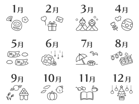 季節のイラスト12か月セット 1月,達磨,正月,2月,プレゼント,バレンタイン,3月,ひなまつり,ひな人形,桃の花のイラスト素材