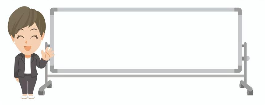 白板傍で手を振る若いビジネス女性のSD① 先生,教師,教員,指導員,スーツ,仕事着,ビジネス,会社,手を振る,バイバイのイラスト素材