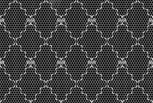 リボンフレームとレース生地のパターン背景 リボン,刺繍,レース,シームレス,パターン,模様,柄,白,黒,モノクロのイラスト素材