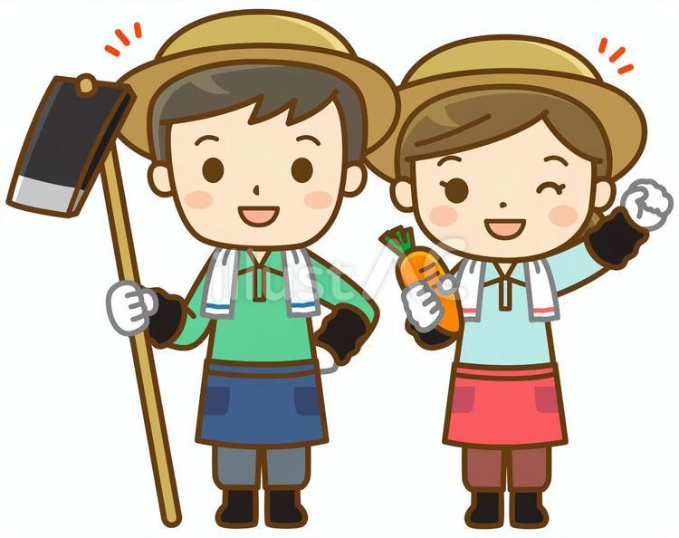 鍬と人参を持つ男女(全身図) 農家,農業,農作業のイラスト素材