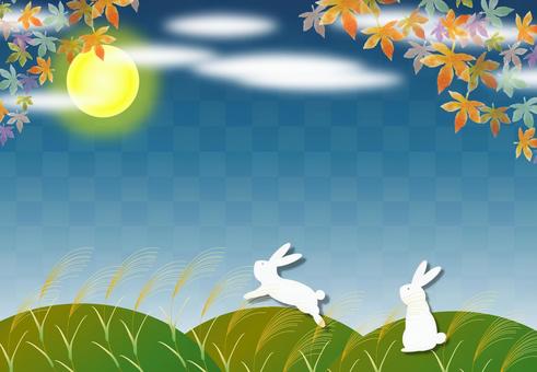 お月見うさぎと紅葉　秋の背景　フレーム 月,うさぎ,すすき,紅葉,秋,夜空,背景,タイトル,フレームのイラスト素材