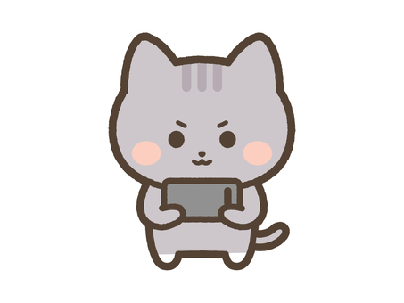 スマホでゲームに熱中するねこ（サバトラ） ねこ,スマホ,ゲーム,熱中,ソーシャルゲーム,ソシャゲ,携帯,スマートフォン,日常,表情のイラスト素材
