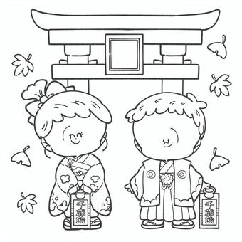 七五三の白黒手描きイラスト1 七五三,白黒,モノクロ,行事,子ども,11月,着物,秋,男の子,女の子のイラスト素材