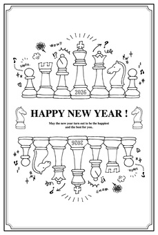 年賀状2026（051）モノクロ 年賀状,正月,線画,手書き,フリーハンド,イラスト,干支,元旦,シンプル,2026年のイラスト素材