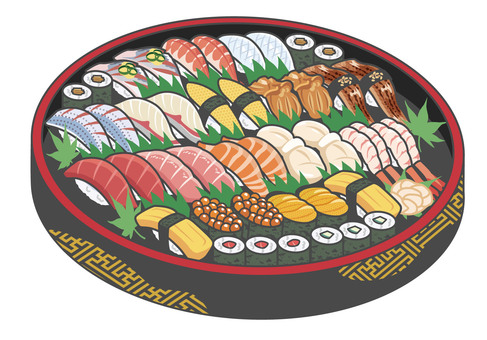 お寿司のイラスト 寿司,盛り合わせ,桶盛り,握り,仕出し,お祝い,記念日,宴会,パーティ,高級のイラスト素材