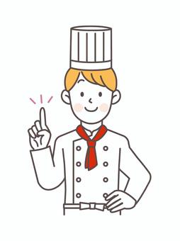 腰に手を当てて指差しする男性コックさん パティシエ,コック,料理人,厨房,スタッフ,調理スタッフ,パティシエール,男性,人物,洋菓子屋のイラスト素材