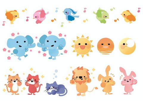 デフォルメされた動物たちのイラスト 太陽,夕日,月,朝,夕,夜,動物,アニマル,猫,ねこのイラスト素材