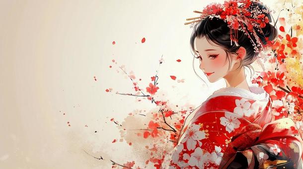 桜の花と赤い着物を纏った微笑む女性