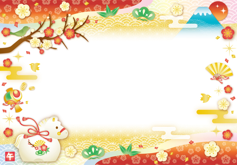 午年干支の置物と富士山のフレーム（横） 年賀状,富士山,梅,干支,午,午年,カード,メッセージカード,松竹梅,縁起物のイラスト素材