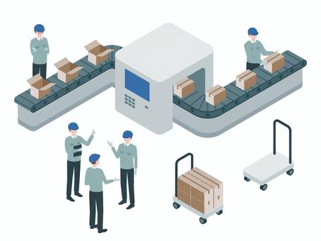 アイソメトリック_工場_ベルトコンベア アイソメトリック,立体,アイソメ,斜め上,品質,検査機,検品,マネジメント,チームワーク,指示のイラスト素材