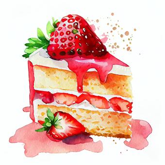 草莓蛋糕水彩插圖, 草莓蛋糕水彩插圖, 草莓, 水彩, 蛋糕,