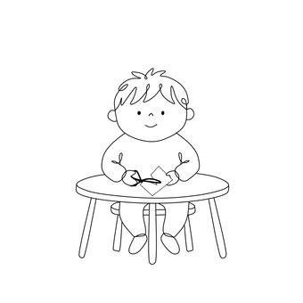 【動作絵】ハサミで紙を切る男の子 言語聴覚療法,絵カード,動作絵,ラインアート,男の子,子供,はさみ,紙,切るのイラスト素材