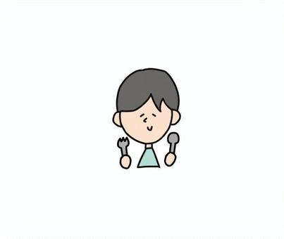 食事中の男の子 ゆるかわ,ほんわか,可愛い,手書きイラスト,優しい,癒し,ちびキャラ,シンプル,シュール,sns用のイラスト素材