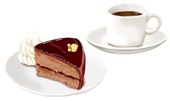 ザッハトルテとシンプルなカップのコーヒー ザッハトルテ,チョコレート,ケーキ,生クリーム,コーヒー,喫茶,カフェ,おやつ,甘い,美味しいのイラスト素材
