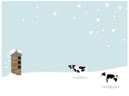 牧場の冬・サイロと牛 サイロ,牛,乳牛,牧場,放牧,雪,冬,降雪,背景のイラスト素材