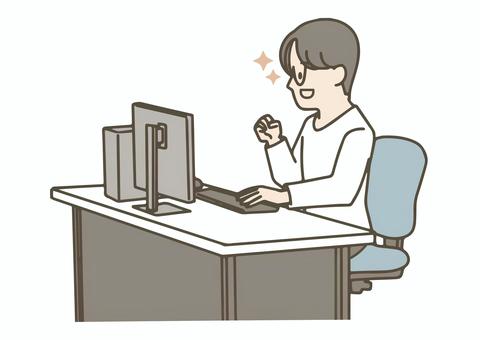オフィスカジュアルの男性が喜ぶ オフィスカジュアル,男性,会社員,ビジネスマン,デスクワーク,オフィス,職場,パソコン,喜ぶ,成功のイラスト素材