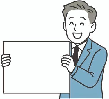 ボードでメッセージを伝える笑顔の男性 人物,男性,ボード,笑顔,伝言,メッセージ,緊急,お知らせ,看板,商用利用可のイラスト素材