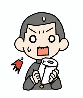 トイレットペーパーと驚く少年