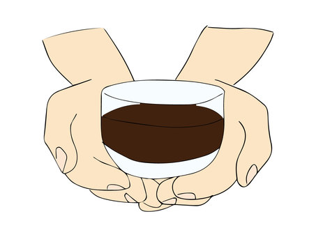 手の平に乗せたグラス 飲み物,アイスコーヒー,乗せる,片手,グラス,コップ,手描きのイラスト素材