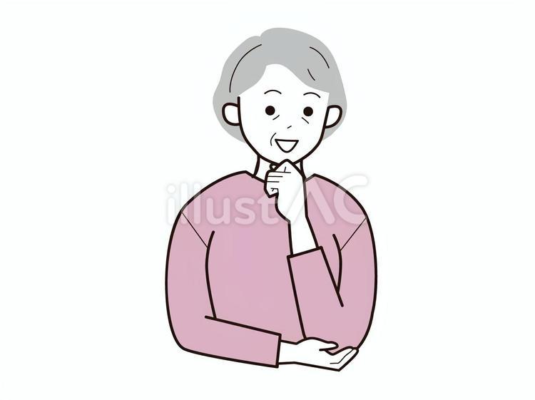 顎に手を当て笑顔のシニア女性2／カラー おばあさん,上半身,長袖のイラスト素材
