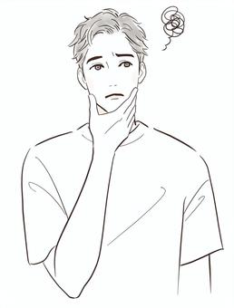 困る・悩むTシャツ姿の男性 困る・悩むTシャツ姿の男性 男性,人物,リラックス,おしゃれ,20代,30代,手,若い,顔,手書きのイラスト素材