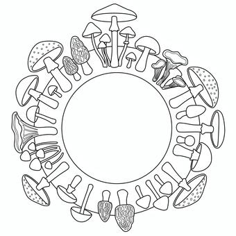 きのこの円形フレーム飾り枠線画 きのこ,円,ぬりえ,秋,枠,フレーム,植物,塗り絵,飾り枠,ボタニカルのイラスト素材