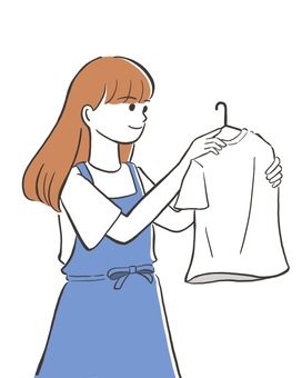 Tシャツを干す女性（カラー） 女性,女,人物,家事,主婦,専業主婦,家事代行,家庭,生活,洗濯のイラスト素材