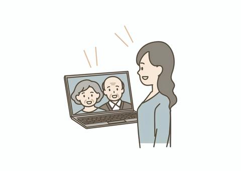 祖父母と孫・家族のビデオ通話 家族,祖父母,孫,親子,帰省,オンライン帰省,テレワーク,リモート,ビデオ通話,ビデオ電話のイラスト素材