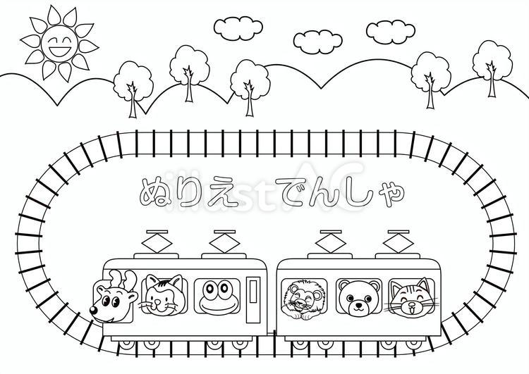 塗り絵・電車の中の動物たち・ライオン 塗り絵,電車,線路のイラスト素材