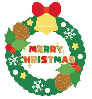 ジングルベルの可愛いクリスマスリース クリスマス,クリスマスリース,クリスマス素材,ジングルベル,鐘,柊葉っぱ,柊の葉,柊,松ぼっくり,クリスマスパーティーのイラスト素材