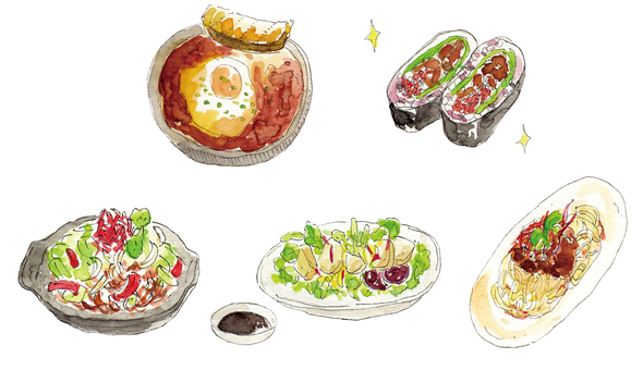 ラフでざっくりしたお料理イラスト6 ラフ,料理,お料理,洋食,一品料理,ざっくり,水彩,水彩画のイラスト素材