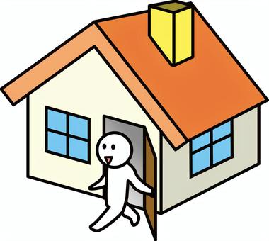 お出かけキャラ お出かけ,外出,ドア,開ける,家,戸建て,屋根,煙突,デフォルメ,人物のイラスト素材