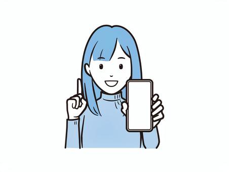 スマホを見せてポイントを示すニット女性 スマホ,スマートフォン,ニット,セーター,カジュアル,冬服,秋,ol,携帯電話,ポイントのイラスト素材