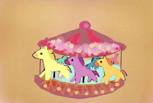 Illustration, merry-go-round, postcard, horse, 