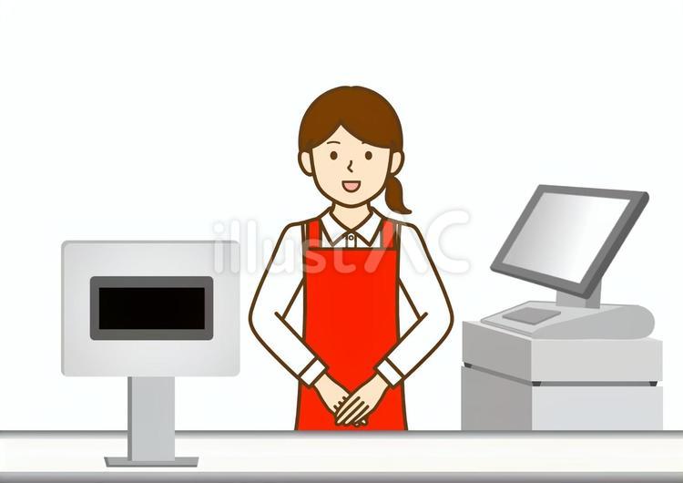 スーパーのレジ打ちをするエプロン姿の女性 レジ係,レジ,posレジのイラスト素材