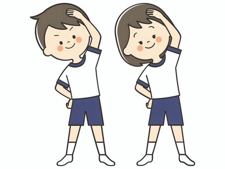 準備運動をする体操服のこどもたち 準備運動,ストレッチ,準備体操,ラジオ体操,体操,運動,柔軟,スポーツ,健康,体力のイラスト素材