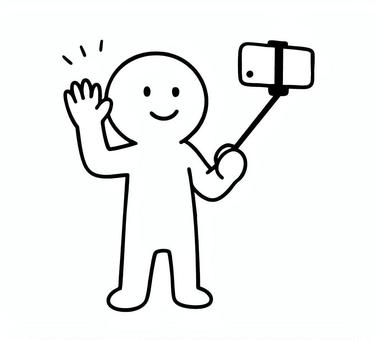 自撮り棒で動画を撮っている棒人間 動画撮影,自撮り棒,生配信,笑顔,スマホ,棒人間,線画,キャラクター,手描き,手書きのイラスト素材