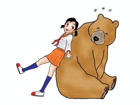 ずぅ～っと一緒だよ！ 人物,高校生,女の子,制服,セーラー服,上靴,動物,熊,笑顔,仲良しのイラスト素材